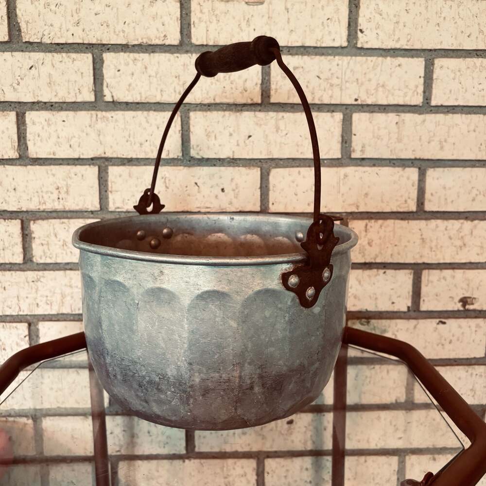 Vintage Rustic Hammered Aluminum bucket/ Pot with wooden Handle